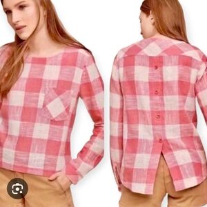 Anthropologie Cloth & Stone Gingham Cotton Linen Plaid Button Back Blouse Large